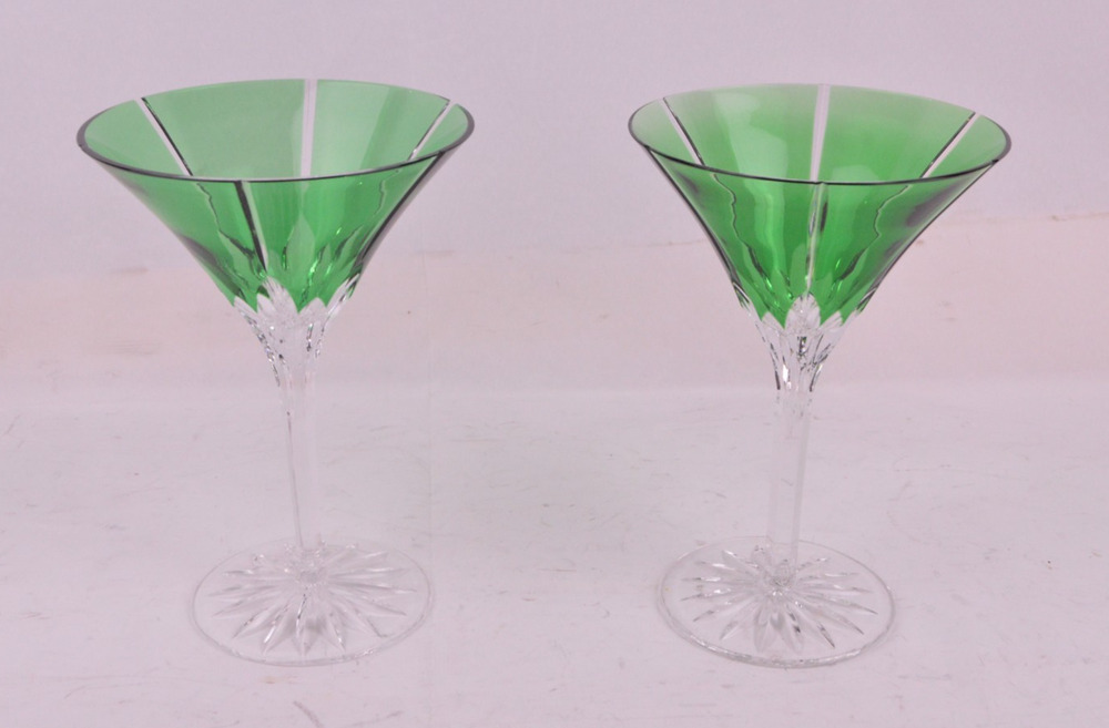 Set 2 Ajka Crystal Castille Albinka Green Martini Glasses 7" Hungary
